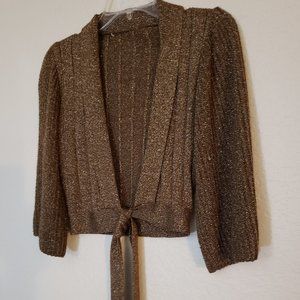 VINTAGE - Sweet Brown and Gold 3/4" Sleeve Sweater W/ Tie Front